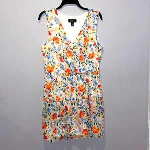 Women’s BCX Dress size L cream & multi colored floral wrap top & ruffled bottom